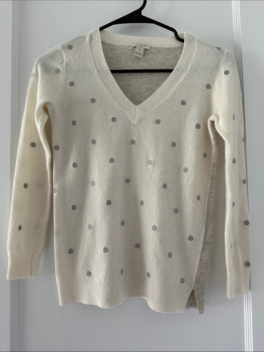 J. Crew Cream V-Neck Sweater with Gray Sparkly Polka Dots